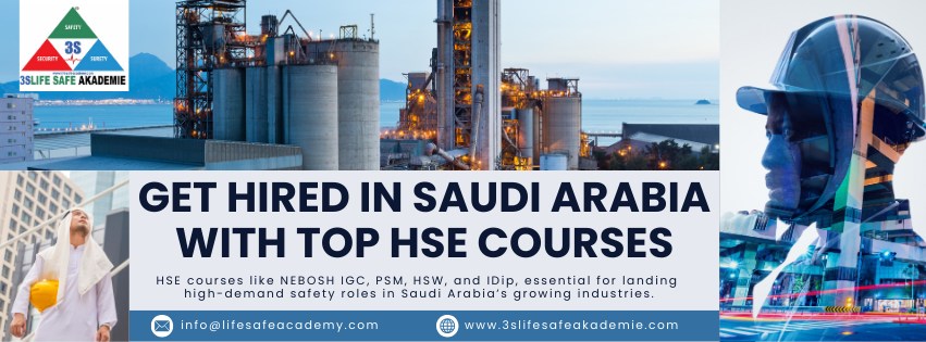 Graphic illustrating how top HSE (Health, Safety, and Environment) courses can help you get hired in Saudi Arabia, featuring a person holding a certificate with icons of construction sites and industrial workplaces, symbolizing the demand for skilled HSE professionals in the region.